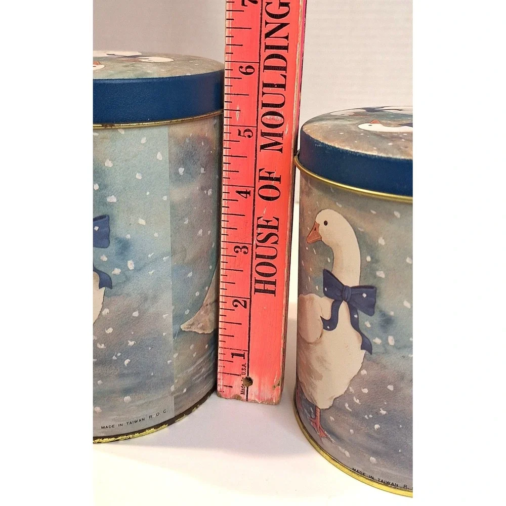 Vintage Geese with Blue Bows Nesting Canister Tin Set 3 Piece Cottagecore Decor